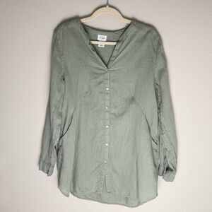 Sigrid Olsen Womens Medium Green Linen Long Roll Tan Sleeve Button Up V Neck Top
